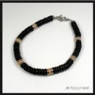 Black Bead Bracelet with Silver and Beige Accents