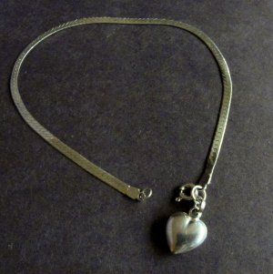 Sterling Silver Bracelet with Heart Charm  8 inch Vintage Designer Milor 925 Herringbone Design