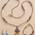 Blue/Gold Crystal Agate Necklace w/ Earrings & Bracelet