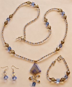 Blue/Gold Crystal Agate Necklace w/ Earrings & Bracelet