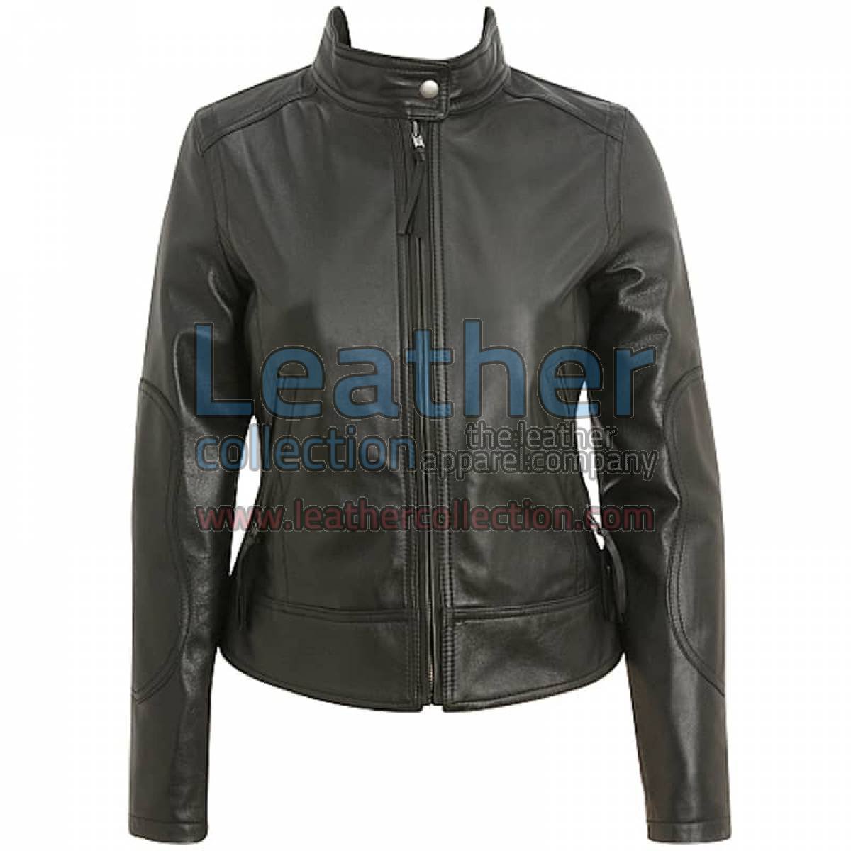 Band Collar Leather Motorcycle Jacket