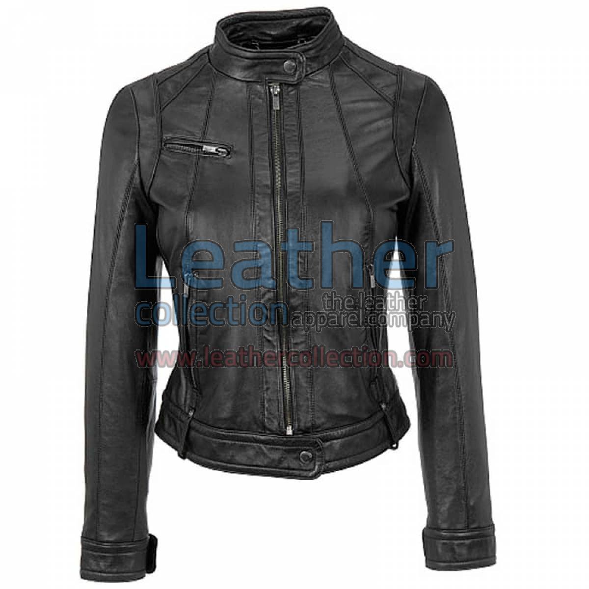 Banded Collar Washed Leather Scuba Jacket in Black