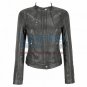Banded Collar Washed Leather Scuba Jacket in Gray