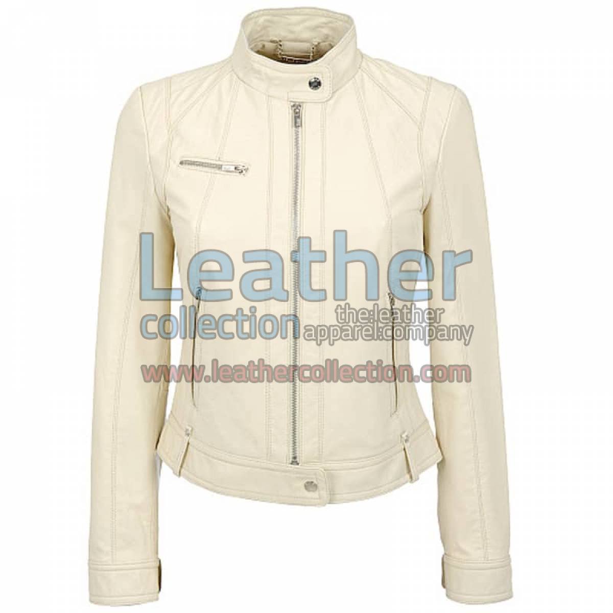 Banded Collar Washed Leather Scuba Jacket in White