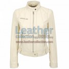 Banded Collar Washed Leather Scuba Jacket in White