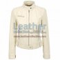 Banded Collar Washed Leather Scuba Jacket in White