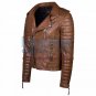 Biker Men Quilted Leather Jacket Antique Brown