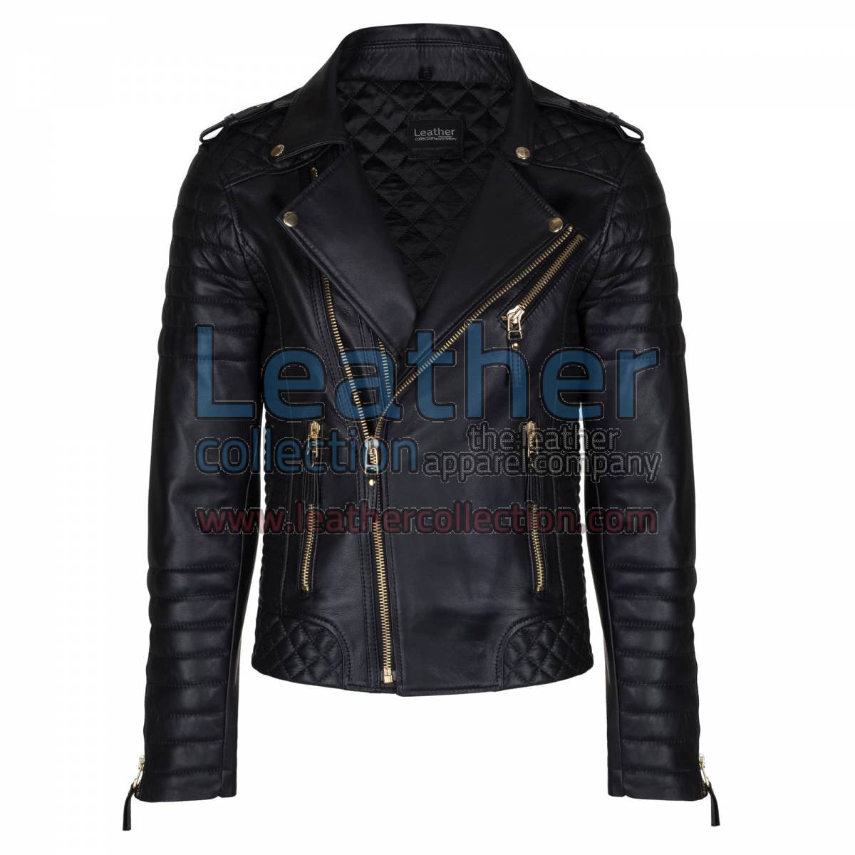 Biker Mens Quilted Leather Jacket with Golden Hardware