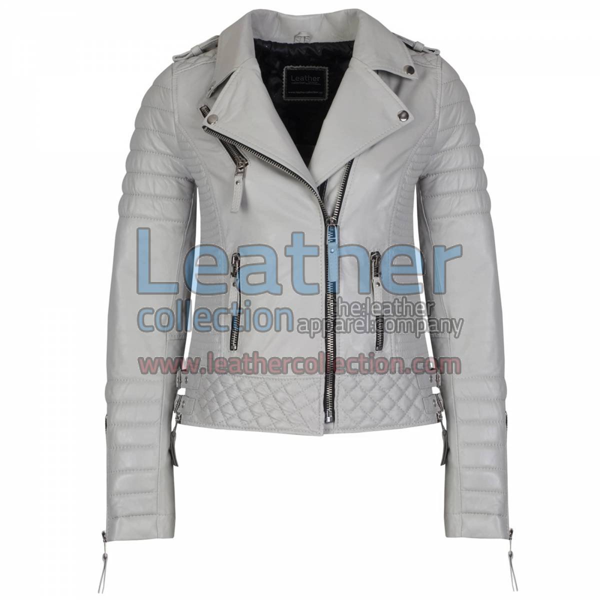 Biker Womens Grey Quilted Leather Jacket