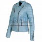 Biker Womens Leather Quilted Jacket Sky Blue