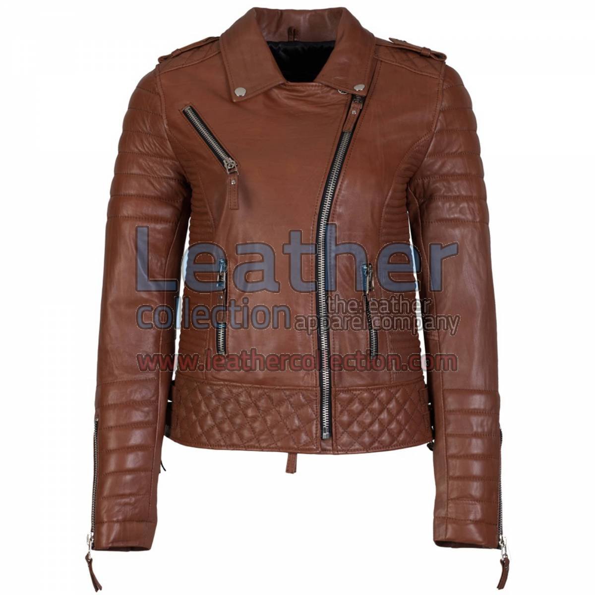Biker Womens Quilted Leather Jacket Antique Brown