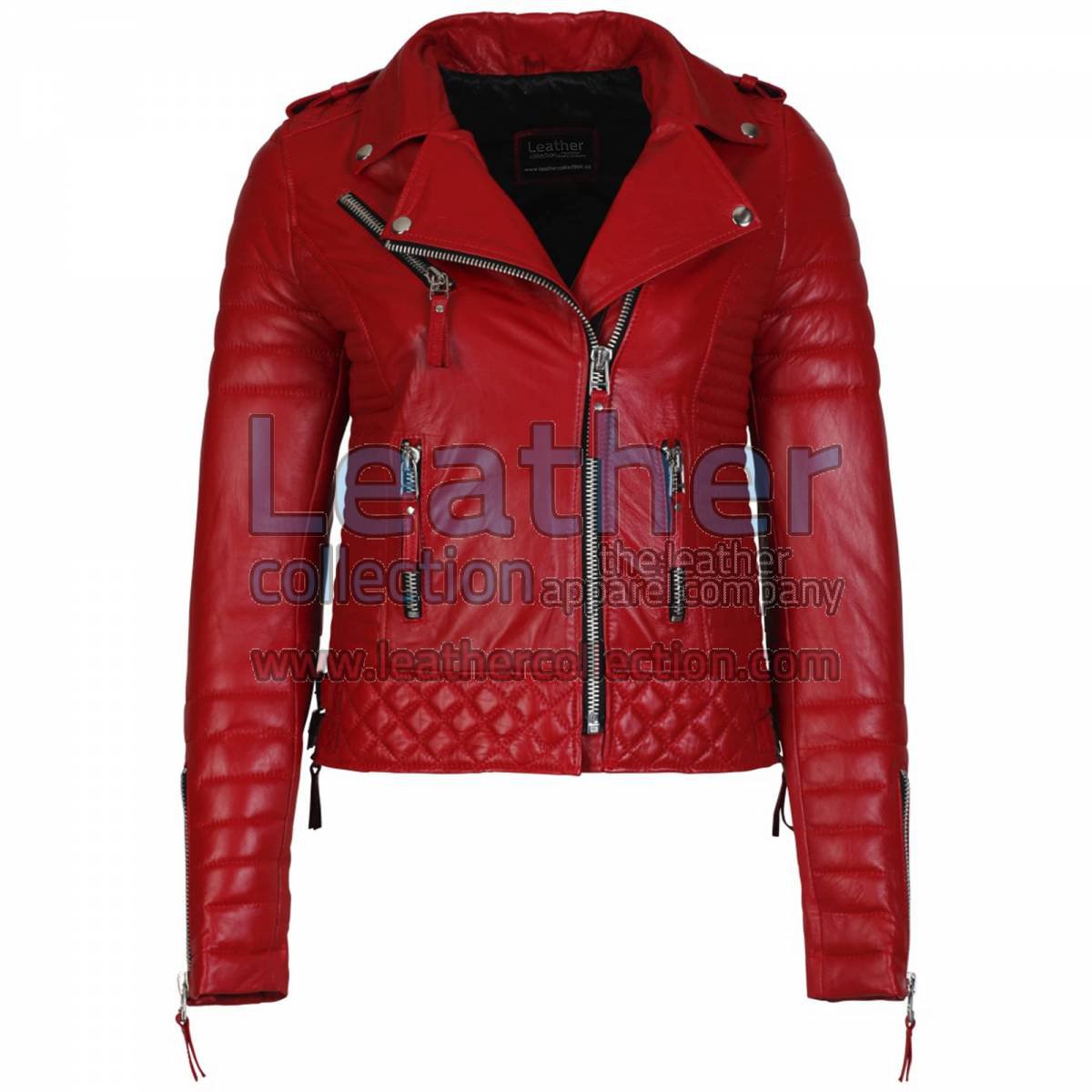 Biker Womens Red Quilted Leather Jacket