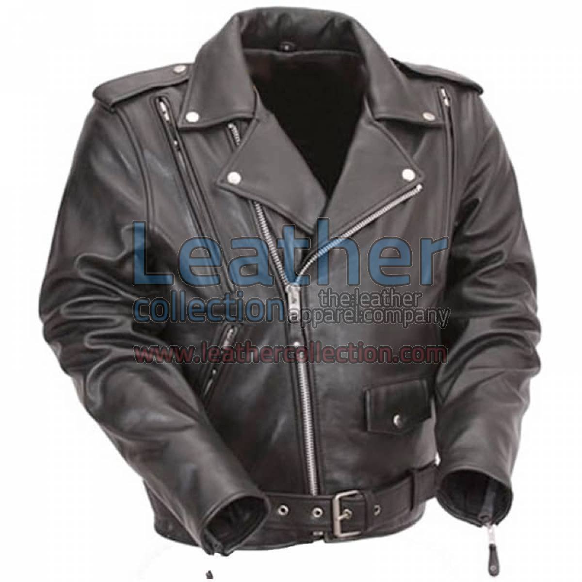 Black Leather Motorcycle Jacket with Exclusive Built-in Back Support