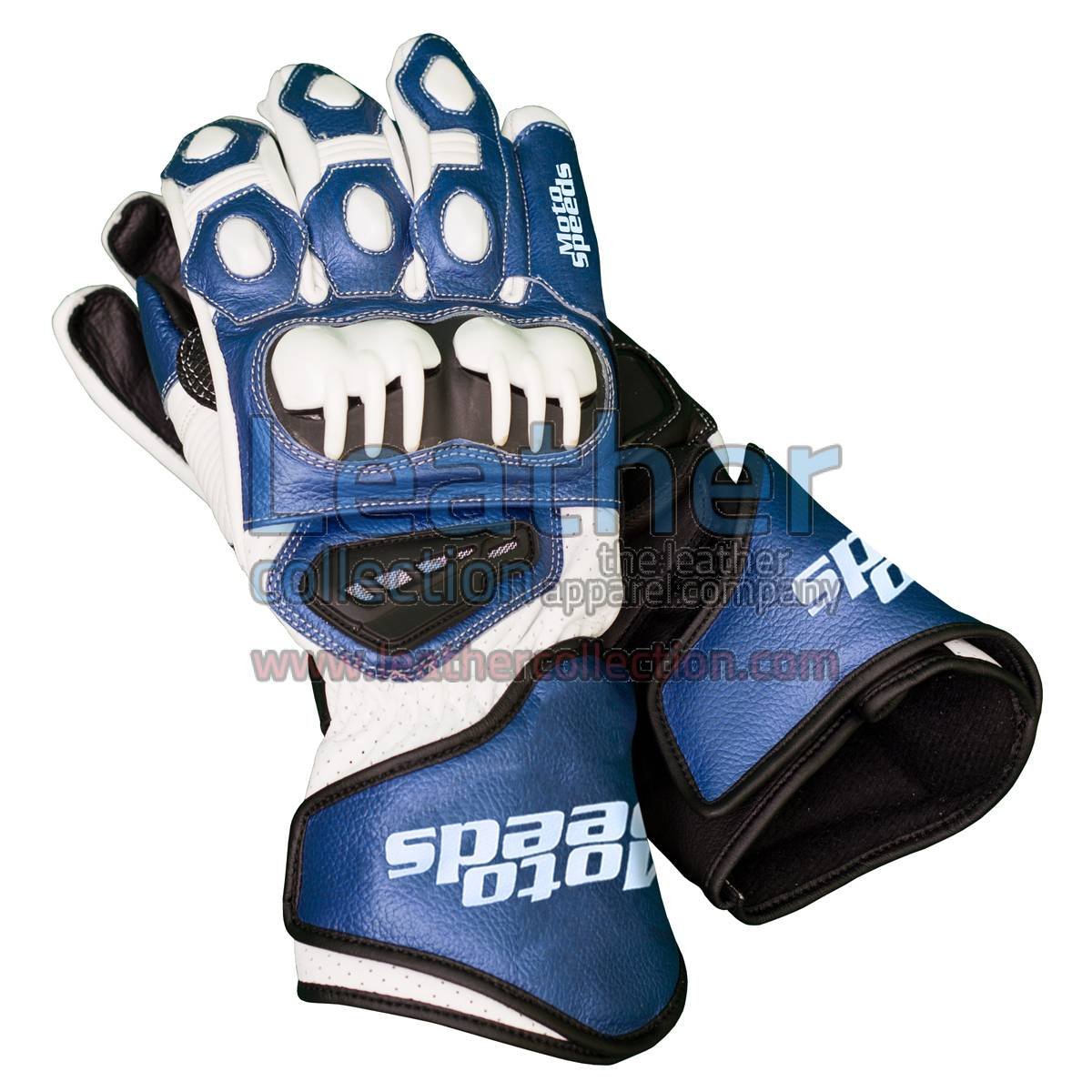 Blue & White Leather Biker Gloves