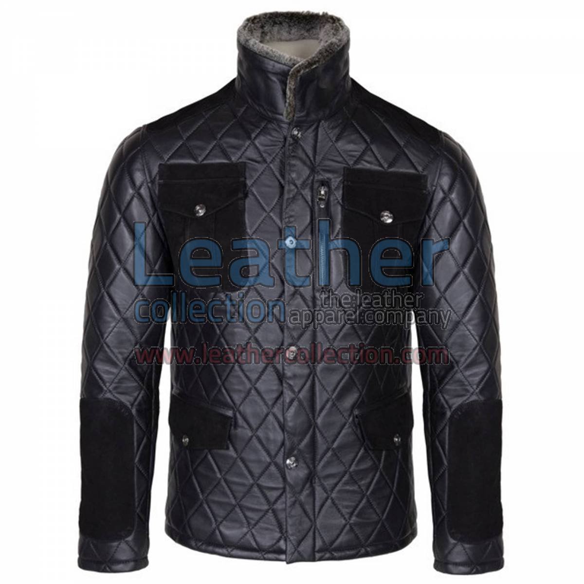 Diamond Leather Jacket with Fur Collar & Flapped Pockets