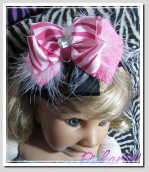 F206c Pink zebra feather 6inch boutique bow