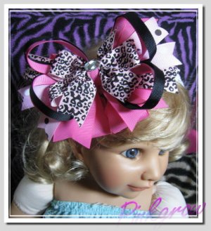 F206d  pink leopard & hot pink 6inch boutique bow