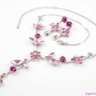 SS004 Elegant Pink Crystal AB crystal Flower Silver Tone Necklace Earrings Set Best for Gift