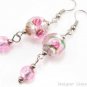 ER067 Lampwork Glass Pink Round Dangle Silver Earrings