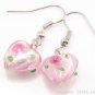 ER078 Lampwork Glass Pink Heart Dangle Silver Earrings