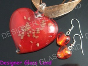 PE121F LAMPWORK GLASS RED HEART PENDANT EARRINGS SET