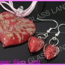 PE091 LAMPWORK GLASS RED HEART PENDANT EARRINGS SET