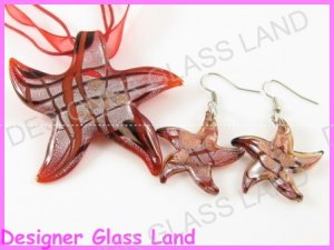 PE093 LAMPWORK GLASS RED STAR PENDANT EARRINGS SET  **free shipping**