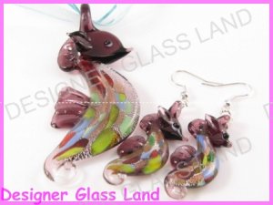 PE094 LAMPWORK GLASS PP SEAHORSE PENDANT EARRINGS SET