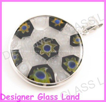 P901F MURANO STYLE MILLEFIORI GLASS BLACK ROUND PENDANT