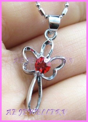 AP491F RUBY RED RHINESTONE BUTTEERFLY SILVER PENDANT