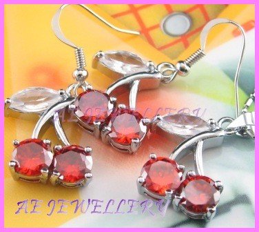 AS377F 8MM RUBY CHERRY SILVER PENDANT EARRINGS SETS