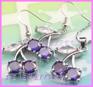 AS378F 8MM AMETHYST CHERRY SILVER PENDANT EARRINGS SETS