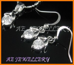 A1484AF White Topaz Round Cut 18K White Gold Plated Pendant Necklace Earrings Sets 16"