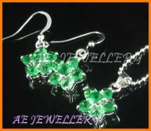 AS020F Emerald Floral Round Cut 18K White Gold Plated Pendant Earrings Set 16" Necklace