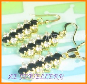 AS034AF Black Sapphire White Topaz 18K Yellow Gold Plated Pendant Necklace Earrings Set 16"