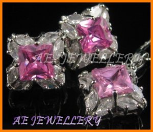 AS176F Pink Sapphire White Topaz Marquise 18K White Gold Plated Pendant Necklace Earrings Sets 16"