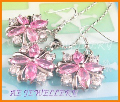 AS179F ink Sapphire White Topaz 18K White Gold Plated Pendant Necklace Earrings Set 16"
