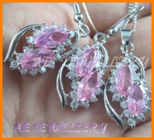 AS193F Pink Sapphire White Topaz 18K White Gold Plated Pendant Necklace Earrings Set 16"