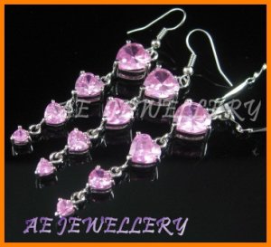AS194F Pink Sapphire Heart Cut 18K White Gold Plated Pendant Necklace Earrings Set 16"