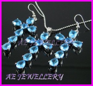 AS230F Blue Topaz Cross Octagon Round Cut 18K White Gold Plated Pendant Necklace Earrings Set 16"