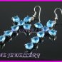 AS230F Blue Topaz Cross Octagon Round Cut 18K White Gold Plated Pendant Necklace Earrings Set 16"