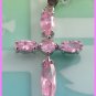 AS230AF Pink Sapphire Topaz Cross 18K White Gold Plated Pendant Dangle Earrings Set 16"