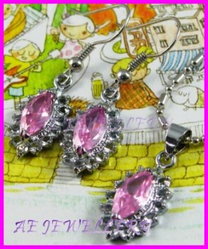 AS234F Pink Sapphire Glass Silver Pendant Earrings Set (Necklace not included)