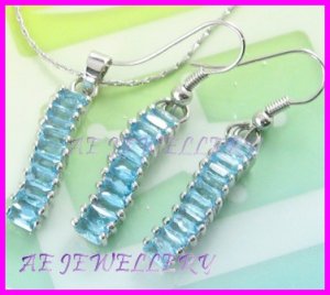 AS243F Blue Topaz Octagon Cut 18K White Gold Plated Pendant Necklace Earrings Set 16"