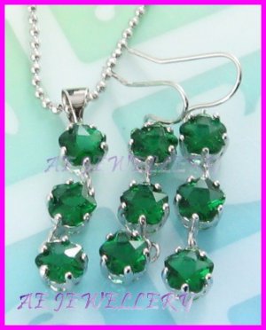 AS239F Emerald Cut 18K White Gold Plated Pendant Necklace Earrings Set 16"
