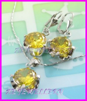 AS248F 13MM Lemon Quartz Round Cut 18K White Gold Plated Pendant Necklace Earrings Set 16"
