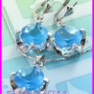AS251F 13MM Blue Topaz Round Cut 18K White Gold Plated Pendant Necklace Earrings Set 16"