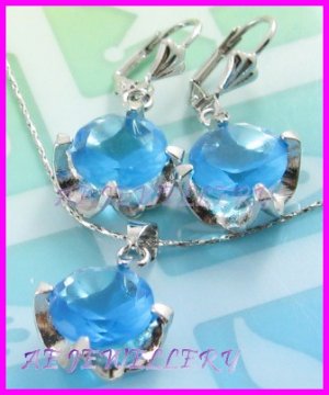 AS251F 13MM Blue Topaz Round Cut 18K White Gold Plated Pendant Necklace Earrings Set 16"