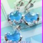 AS251F 13MM Blue Topaz Round Cut 18K White Gold Plated Pendant Necklace Earrings Set 16"