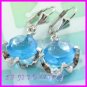 AS251F 13MM Blue Topaz Round Cut 18K White Gold Plated Pendant Necklace Earrings Set 16"